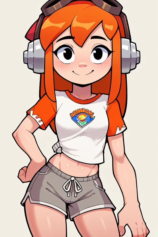 2D, score_9, score_8_up, score_7_up, BREAK, 1girl, solo, VacationMeggy, Orange Hair, Black Eyes, White Shirt, Orange Sleeves, Croptop, Shorts, headphones, red beanie, goggles<lora:EMS-457658-EMS:0.800000>