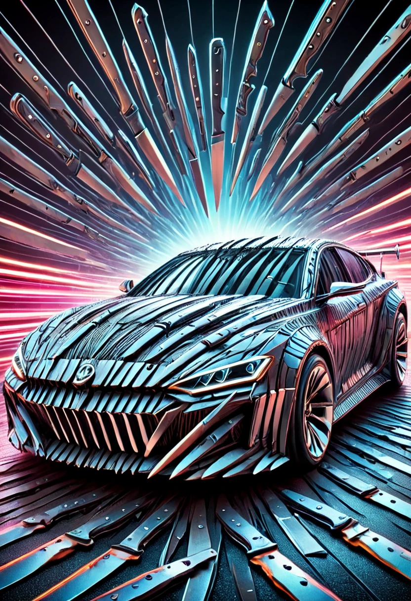 car made of knives, futuristic, KnifeStyle, automotive advertisement, high speed chase, on a neon highway, at night, with motion lines,
 <lora:Knife_Style_World_Morph-000019:1>