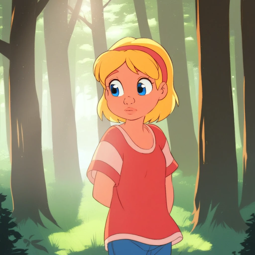 score_9, solo, robyn, blonde hair, hairband, short hair, blue eyes, shirt, jeans, forest, cute, sunlight, shadows, natural lighting