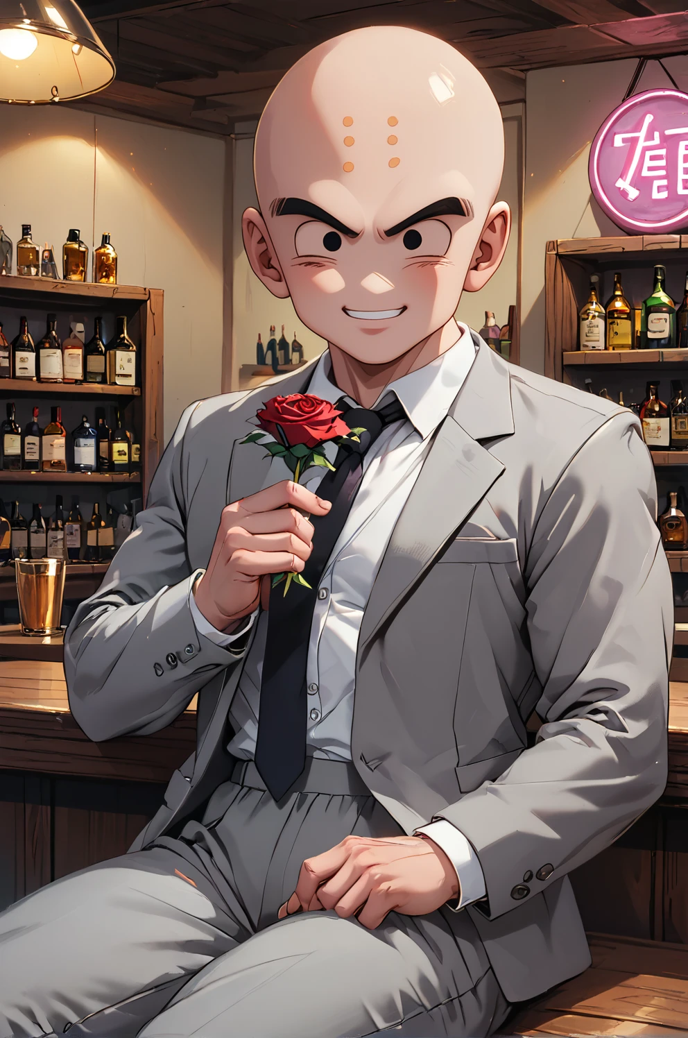 4n1v3rs3, score_9, score_8_up, score_7_up,kuririn, 1boy, solo,cowboy shot, bald, black eyes,no sclera, no nose,grey suit,grey jacket, white collared shirt,grey pants, black necktie,holding rose,indoors,bar,neon sign,shelf, smile,sitting,(forehead mark:0.6), (from side:0.7), looking at viewer, pov <lora:KrillinPony:1>