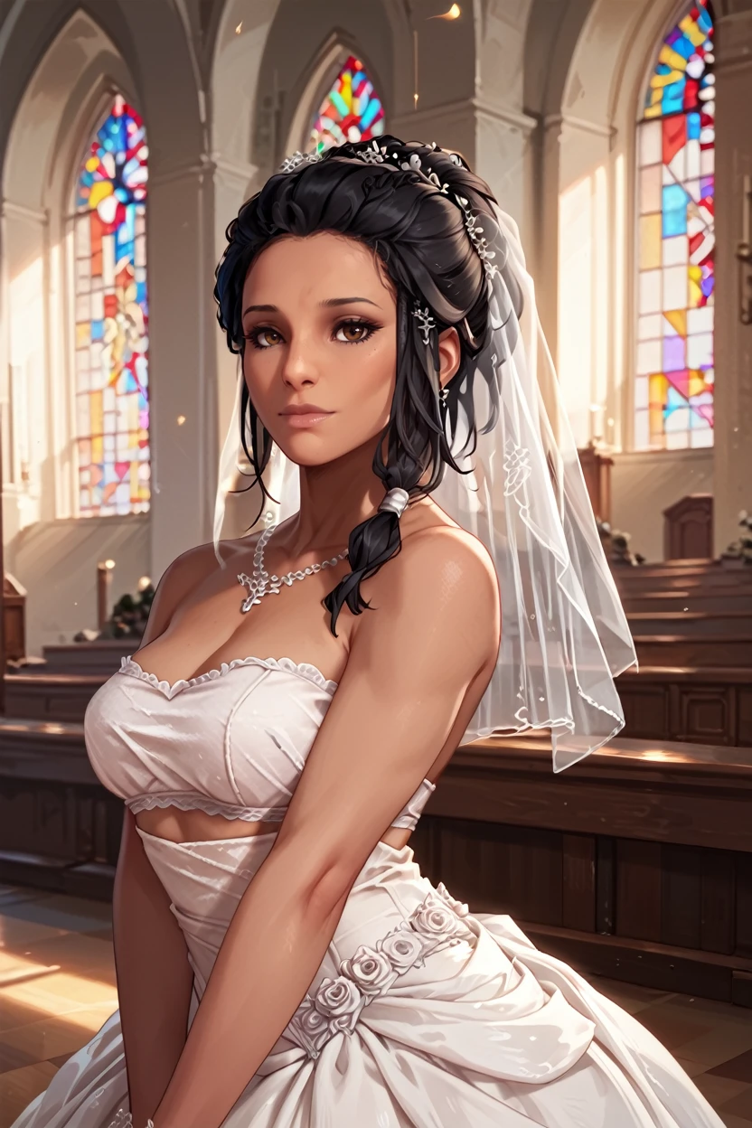 score_9, score_8_up, score_7_up, score_6_up
 <lora:ACAya:1>
ACAya, 1girl, black hair, brown eyes, dark skin, looking at viewer, wearing a wedding dress, bridal veil, inside a church