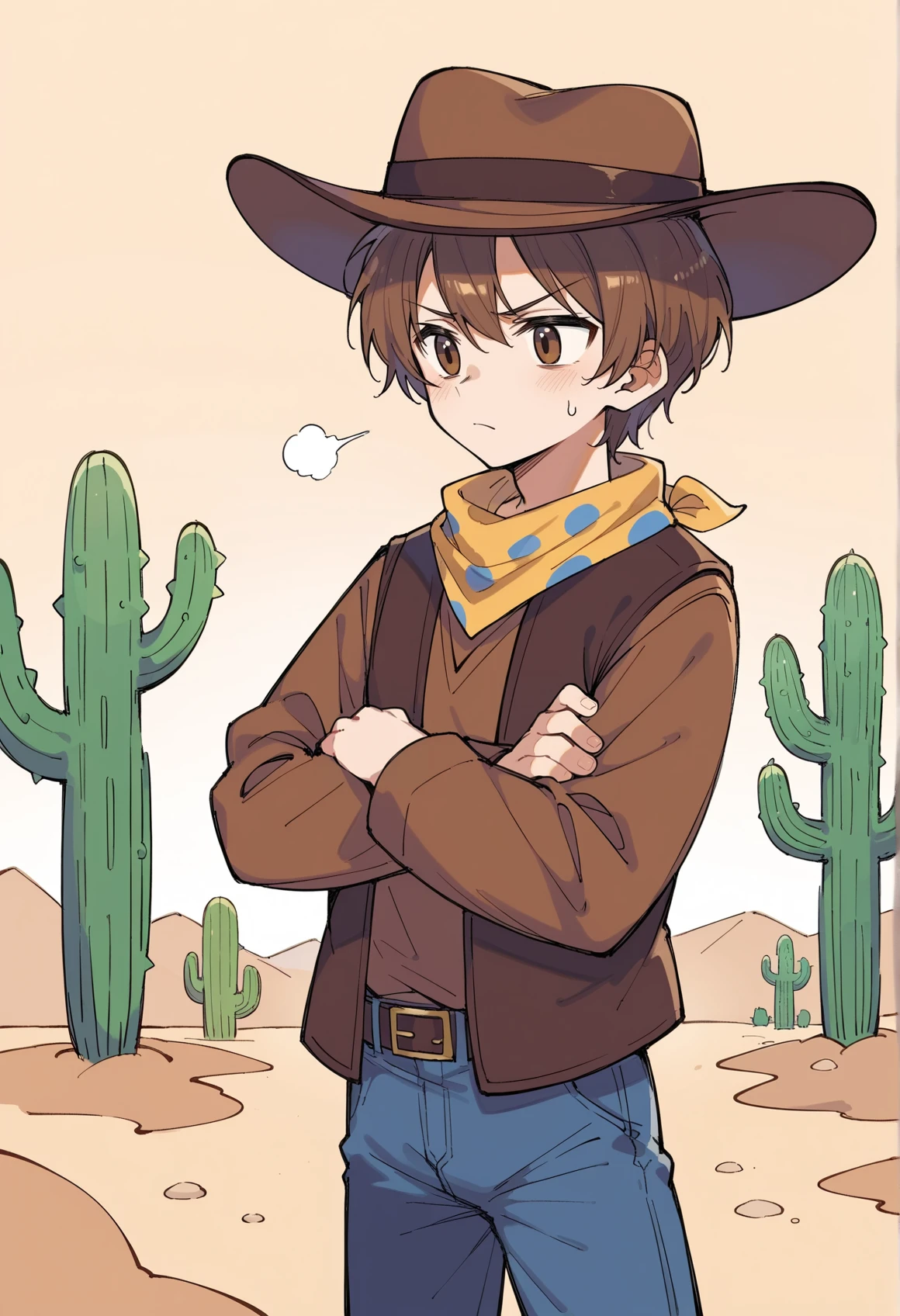 outdoors, desert, cactus, sweat, 1boy, serious, crossed arms, brown hair, short hair, brown eyes, cowboy hat, Bandana Around Neck, polka dot, brown shirt, long sleeves, vest, belt, jeans
 <lora:Clover_Undertale:1>, score_9, score_8_up, score_7_up, score_6_up, score_5_up, score_4_up, BREAK source_anime, masterpiece