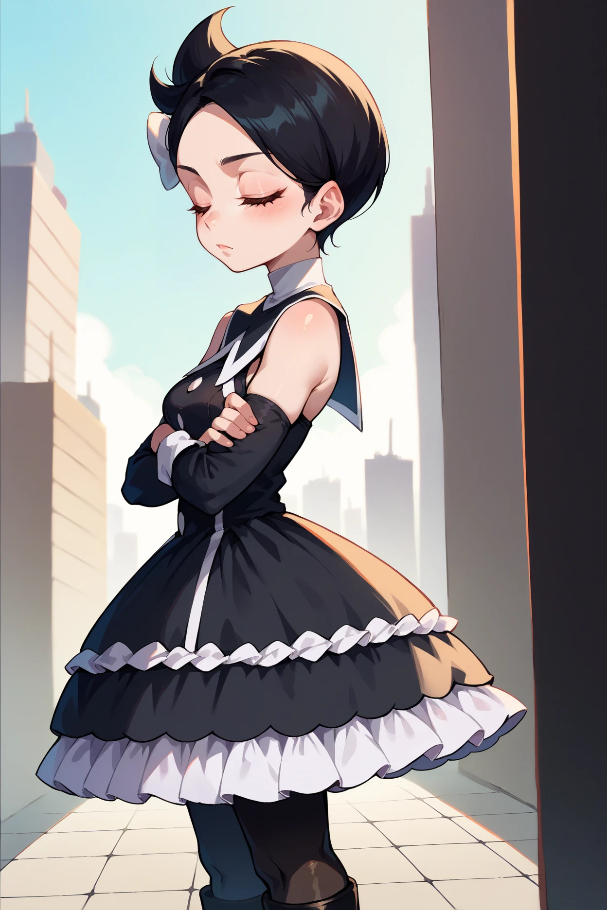 score_9, score_8_up, score_7_up, score_6_up, source_anime, 1girl, solo,  <lora:pkmnmarley-pdxl-nvwls-v1-000006:1> pmMly, black hair, short hair, hair bow, white bow, black dress, clothing cutout, frilled dress, sleeveless, detached sleeves, black pantyhose, black boots, from side, crossed arms, looking at you, blush, closed eyes, medium breasts, city