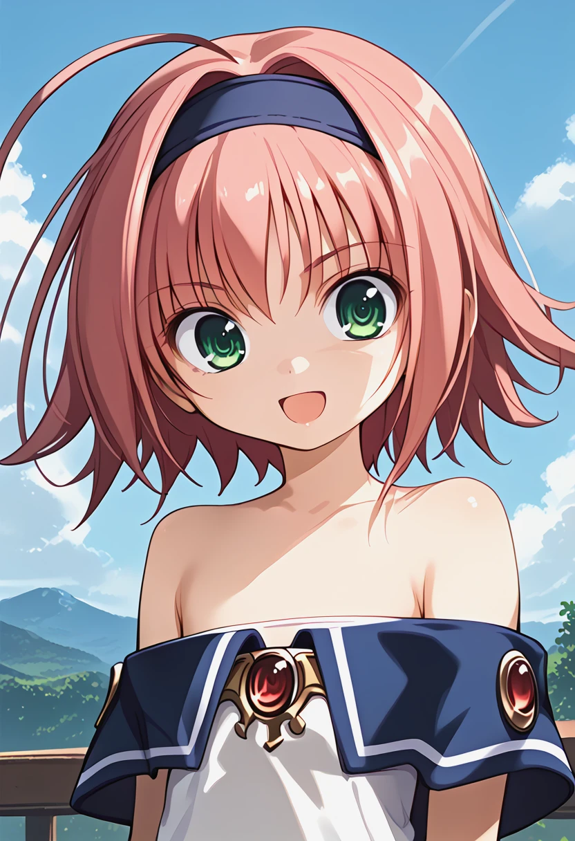 <lora:dlsakura_Pv11:1>, tvsakr, 1girl, green eyes,  short hair, high quality, upper body, hairband, flat chest, bare shoulders, large eyes, open mouth, ahoge, off shoulder, grin, looking at viewer, sky,