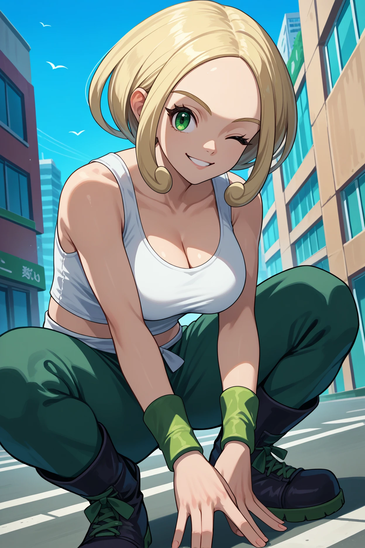 score_9, score_8_up, score_7_up, score_6_up, source_anime, 1girl, solo,  <lora:pkmnviola-pdxl-nvwls-v1-000004:1> defvla, blonde hair, green eyes, parted bangs, short hair, white tank top, sleeveless, wristband, midriff, green pants, cleavage, large breasts, squatting, boots, city, blue sky, wink, looking at you, happy