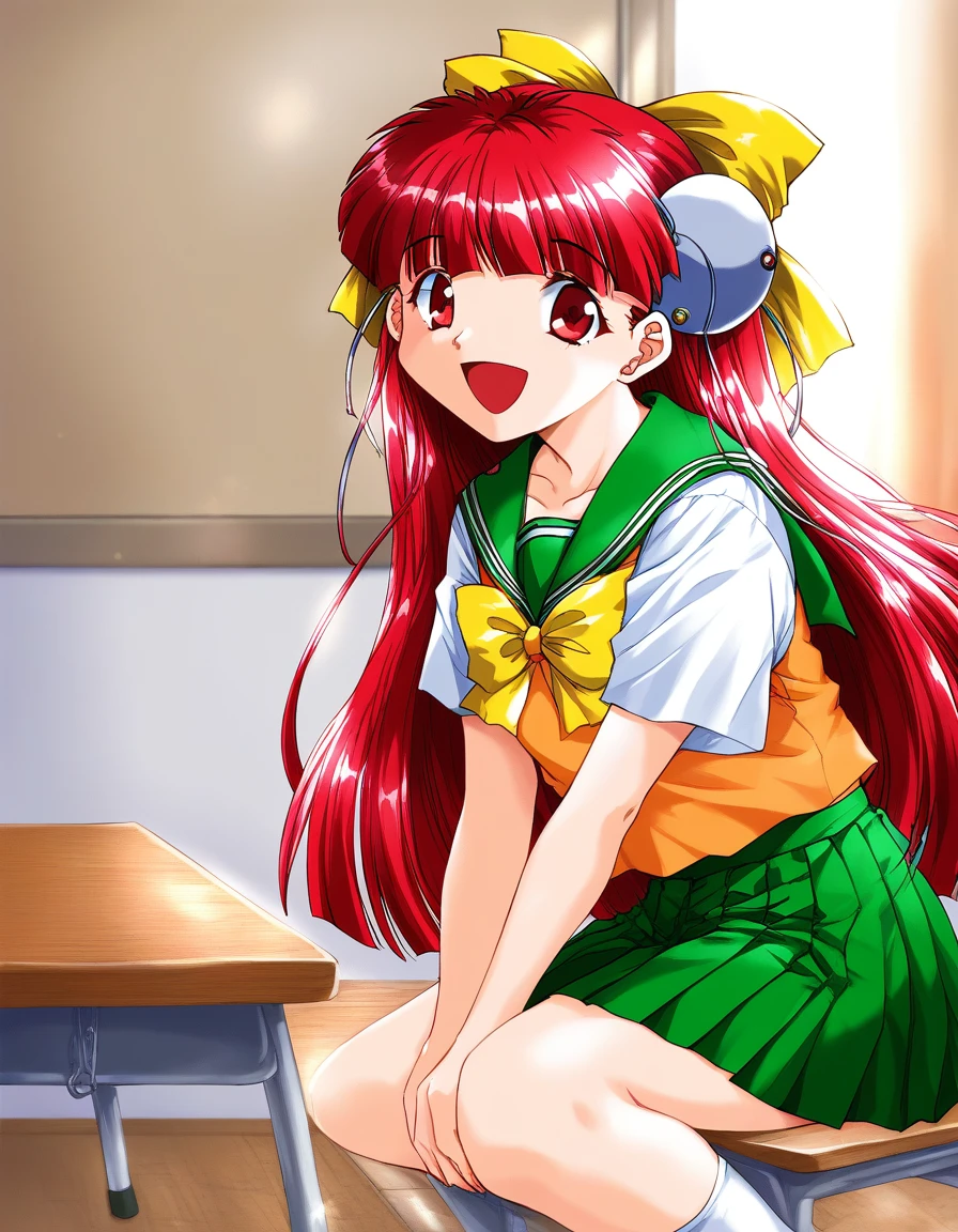 score_9, score_8_up, score_7_up, source_anime, rating_explicit, BREAK  <lora:Nanako_RISE_XL:1>ãNanako_RISE, long hair, red hair, red eyes,  bangs,  hair bow, headgear, yellow bow,
1girl, solo, school uniform, table, sitting, skirt, bow,  open mouth, green skirt, indoors, pleated skirt,  Yellow serafuku, short sleeves, smile