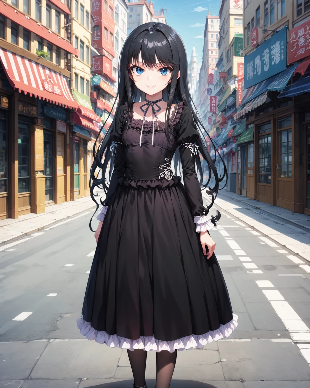 city,
natsuki_minamiya,1girl,solo,long hair,blue eyes,black hair,very long hair,
dress,choker,frills,black dress,long sleeves,ribbon choker,neck ribbon,black pantyhose,frills,
full body,standing,smile,<lora:Natsuki_Minamiya(Strike The Blood)>,