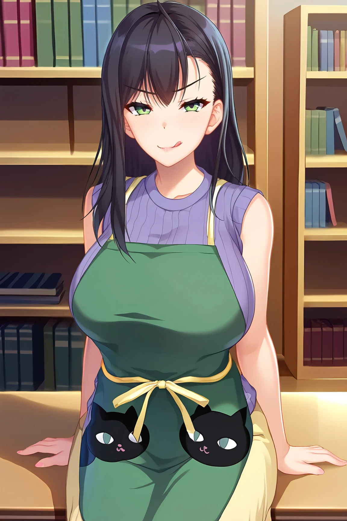 score_9, score_7_up, source_anime, 
BREAK
solo, 1girl, looking at viewer,
<lora:NikaidouChihiro-02:1>,
NikaidouChihiro, black hair,
ribbed sweater, purple sweater, sleeveless sweater, sweater vest, long skirt, yellow skirt, green apron, yellow waist ribbon, cat print,
BREAK
smirk, tongue, :P, 
﻿library Unique Artistic buckground, lighting melow, 
sitting in seiza, 
straight-on,