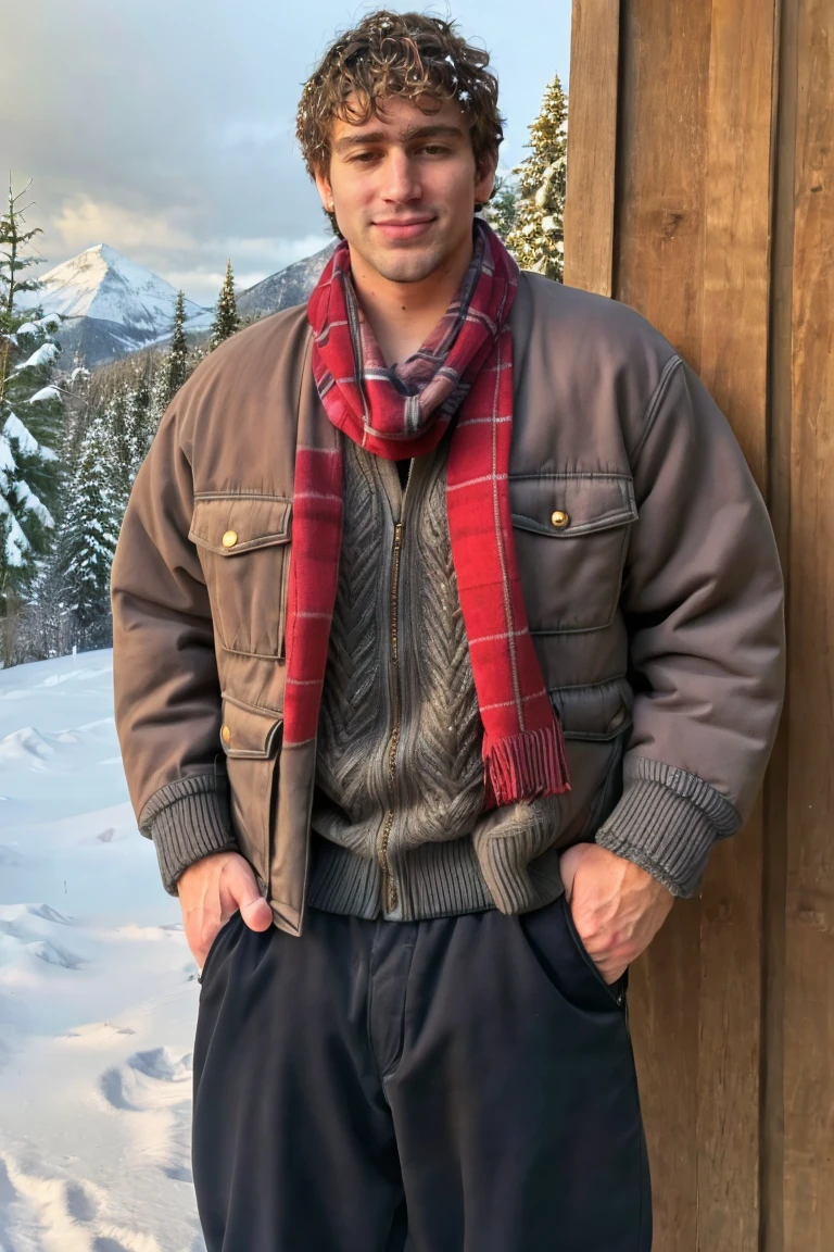 photo of a man,h4ck3r, facial hair, frontview, (masterpiece, best quality:1.2), man, smirk, standing, (depth of field:1.1), ((winter jacket, scarf, sweater, pants,)), hands on hips, cowboy shot, standing, winter, mountain, pinetrees, snowflakes, highness,  <lora:Vinnie_Hacker_SD1.5:.85>