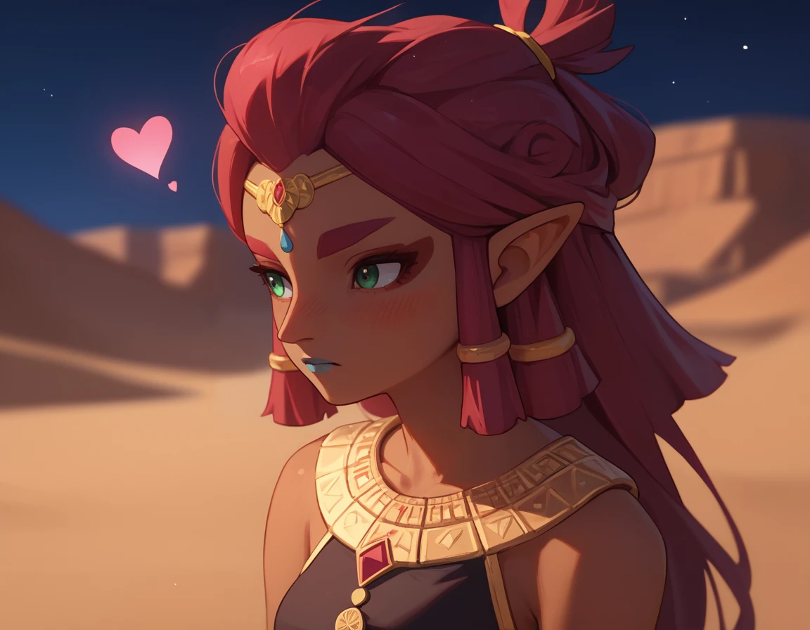 <lora:Riju:1>, riju (zelda), gerudo, solo, 1girl, flushed, face, looking away, <3, night, desert, depth of field, score_9, score_8_up, score_7_up, source_anime,