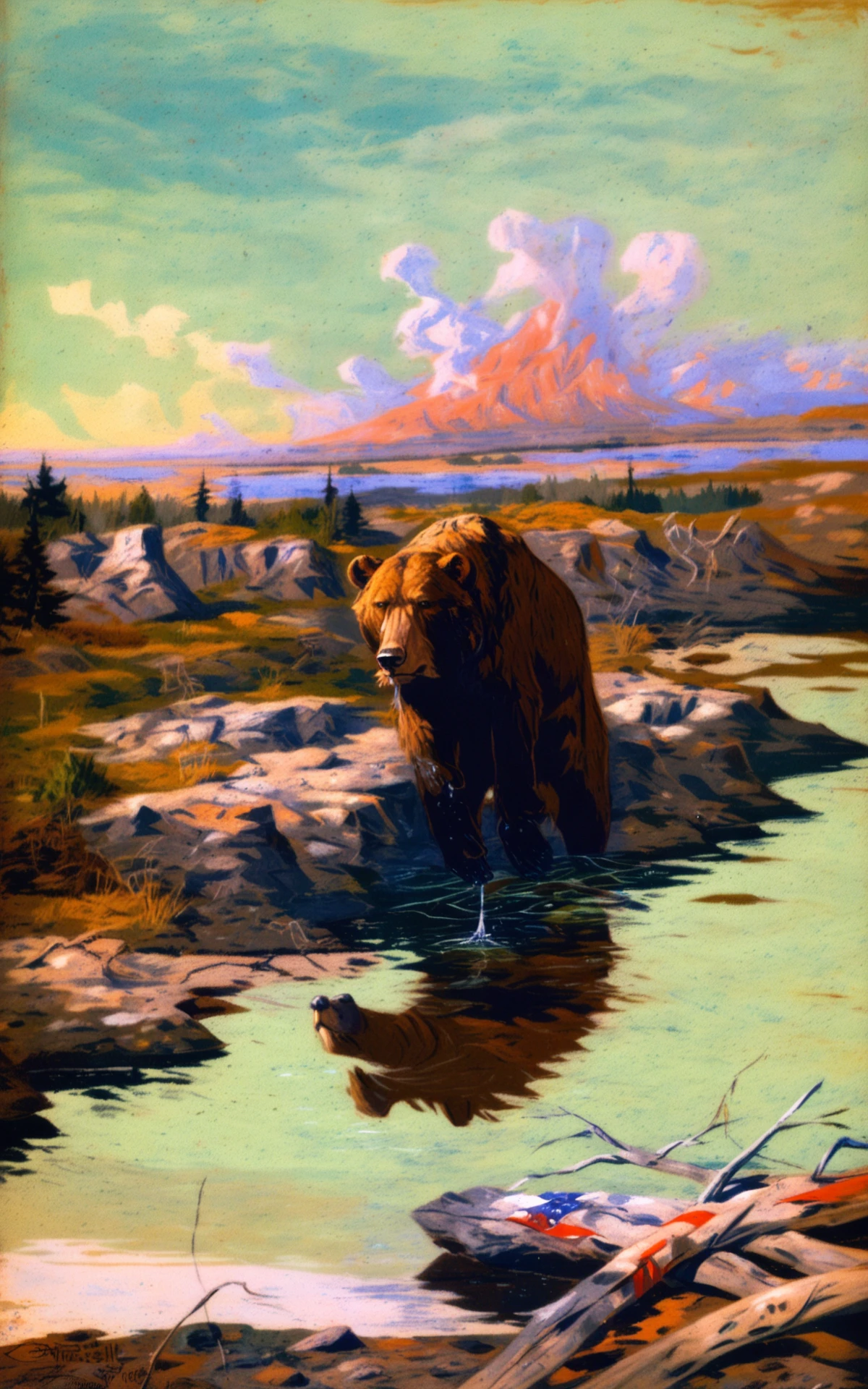 <lora:charles-marion-russel_pony_v6:1> 'American Old West' by russell charles marion in 1902, a Ethereal  Balmy landscape with a brown bear drinking on a river, score_9, score_6_up, score_7_up