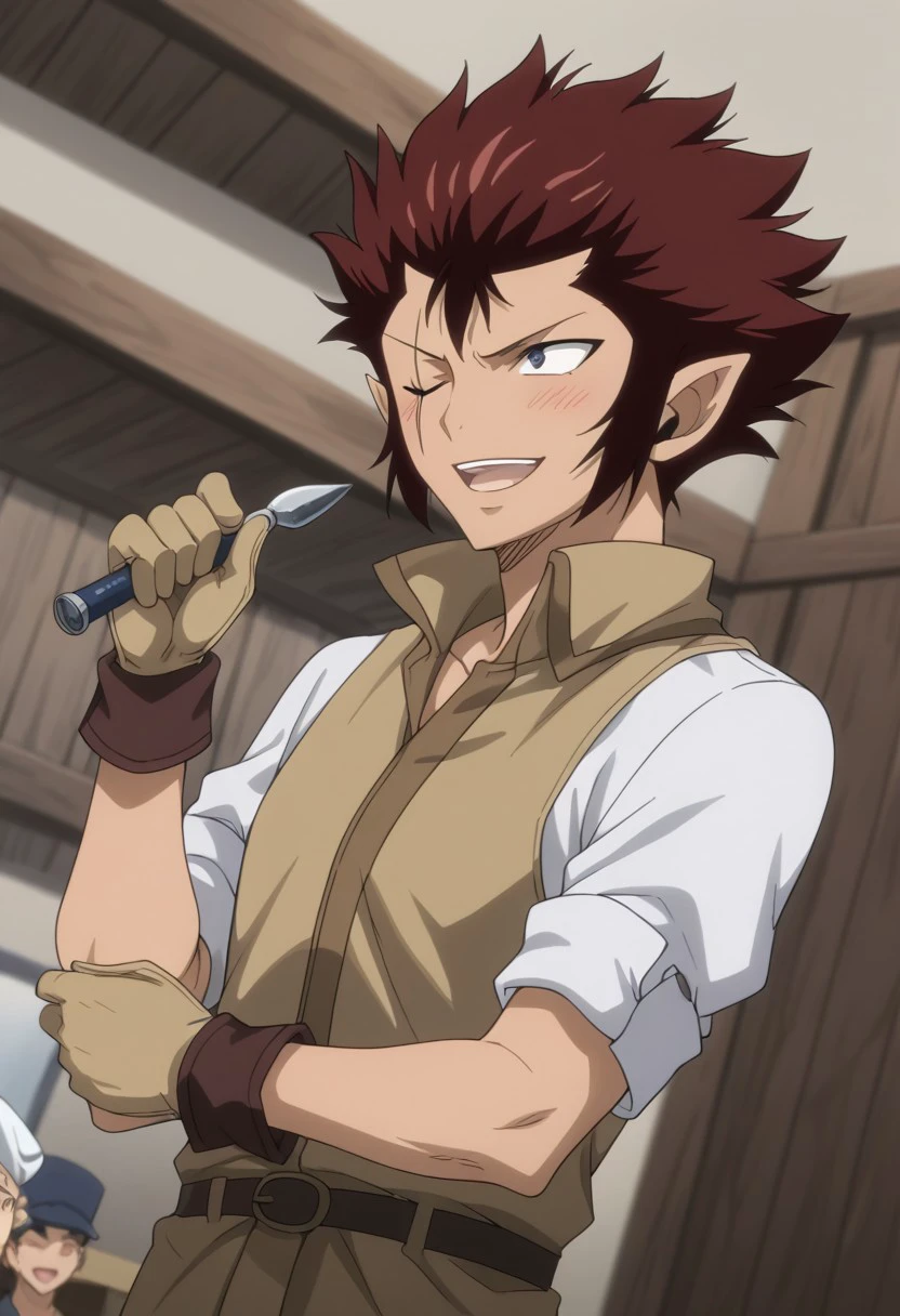 score_9, score_8_up, score_7_up, source_anime, rating_safe, ErikFT, dark red hair, Erik scar, 1boy, male focus, anime screencap, cap, gloves, miner clothes, smiling, holding pickaxe, open mouth, blush lines, looking at another, solo focus, hands with five fingers, cropped legs, dutch angle, blurry outdoor mine entrance, realistic shading, cute wallpaper,