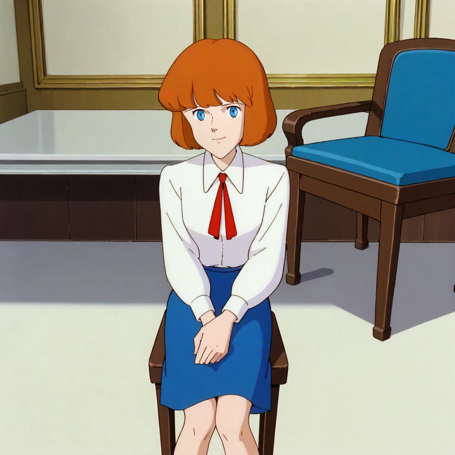 <lora:TCoC_ClarisseXLpony002>,
indoors,
solo,
looking at viewer,smile,
Clarisse,1girl,orange hair,bob_cut,blue eyes,
collared_shirt,red ribbon,white shirt,long_sleeves,
blue skirt,
sitting,chair,