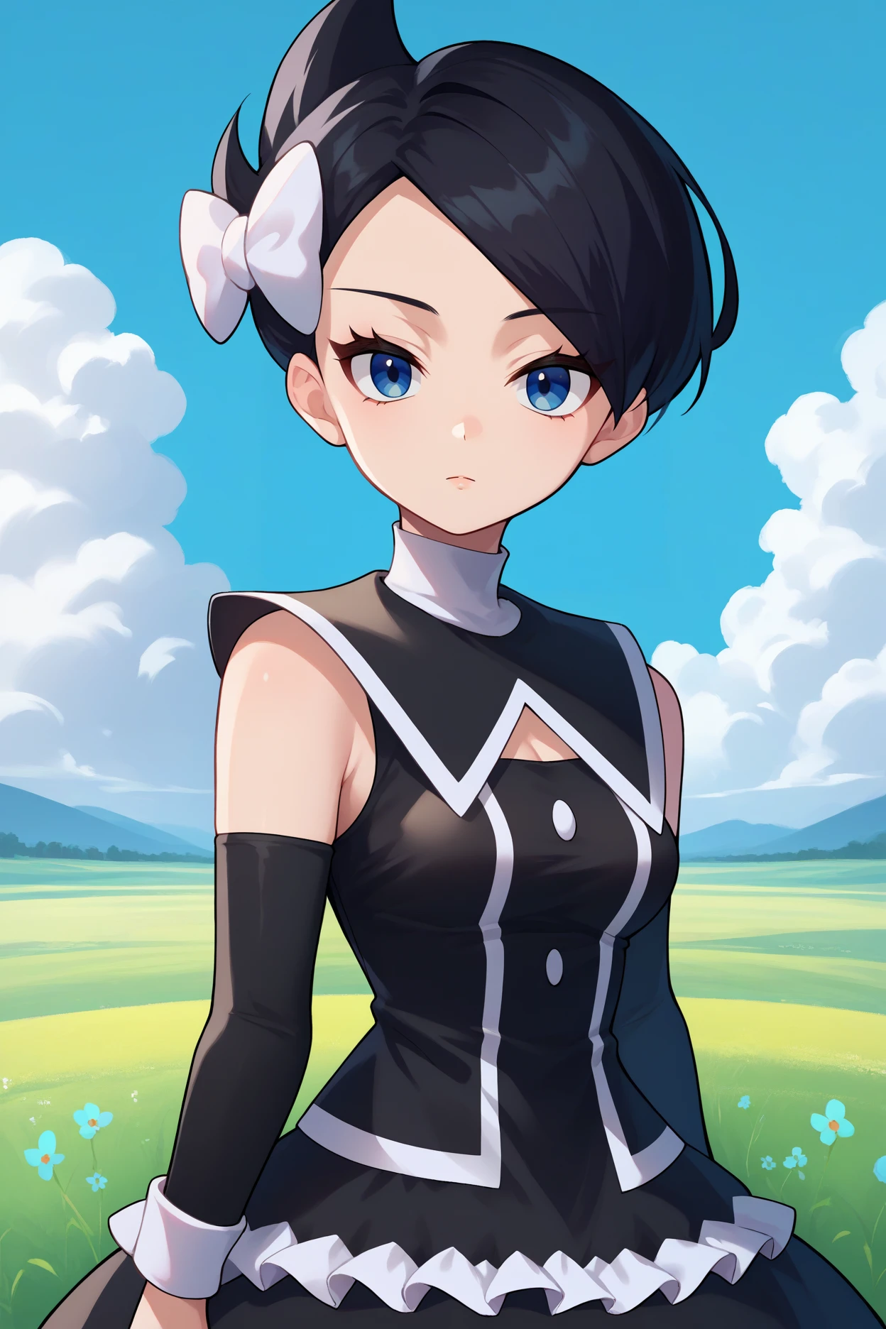 score_9, score_8_up, score_7_up, score_6_up, source_anime, 1girl, solo,  <lora:pkmnmarley-pdxl-nvwls-v1-000006:1> pmMly, black hair, short hair, blue eyes, hair bow, white bow, black dress, clothing cutout, frilled dress, sleeveless, detached sleeves, black pantyhose, blue sky, field, medium breasts, looking at you, upper body