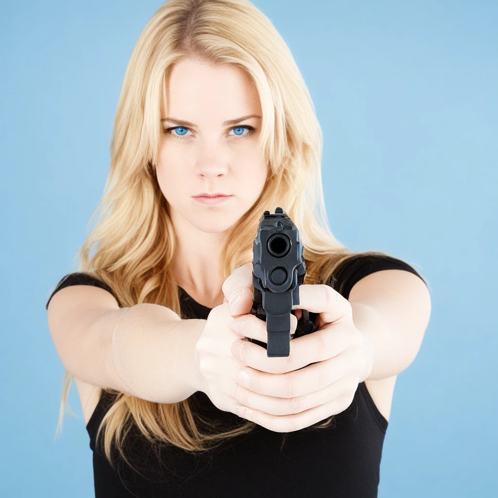 1girl, solo, pointing gun at viewer, gun, blonde hair, long hair, blue eyes, simple background