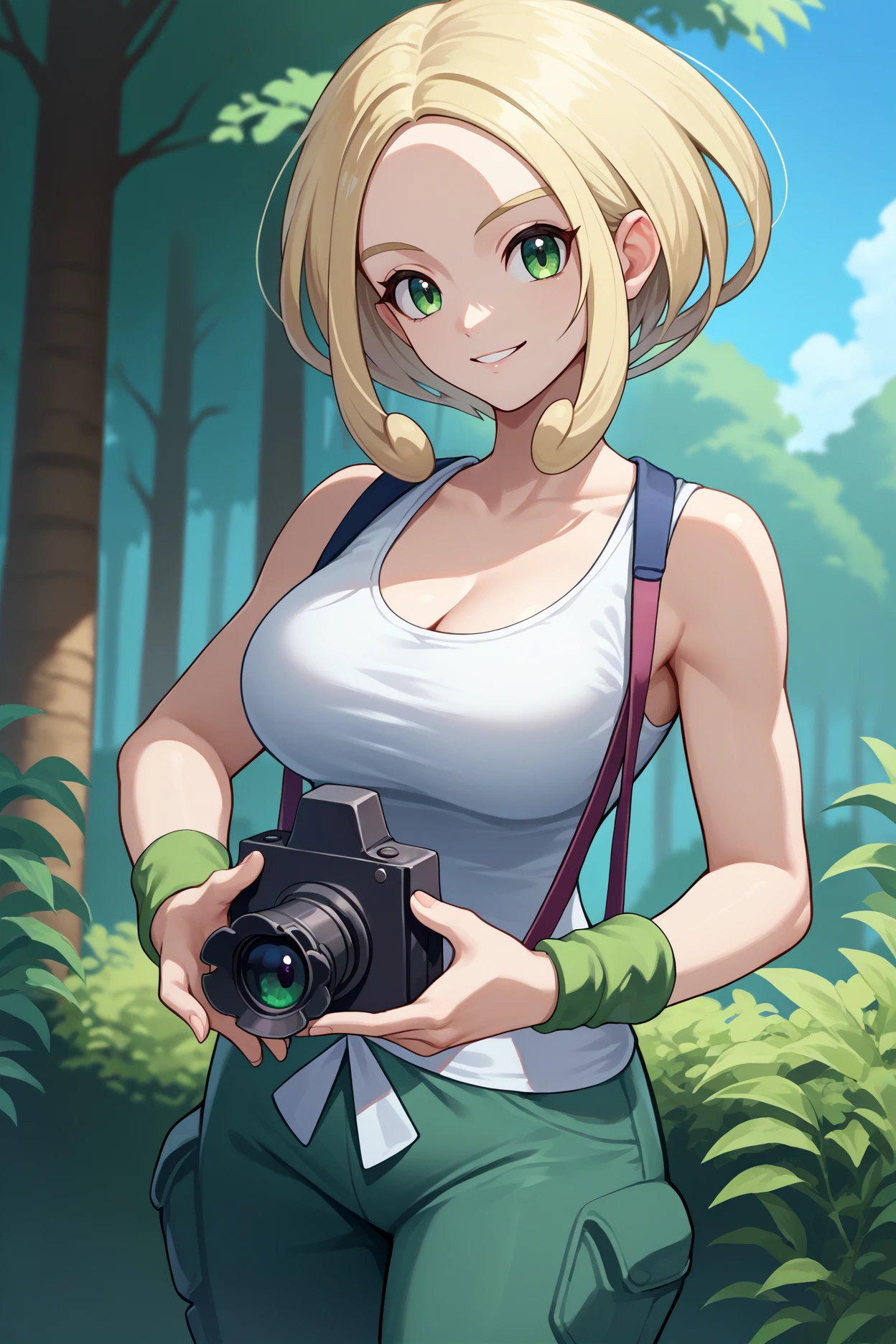 score_9, score_8_up, score_7_up, score_6_up, source_anime, 1girl, solo, <lora:pkmnviola-pdxl-nvwls-v1-000004:1> defvla, blonde hair, green eyes, parted bangs, short hair, white tank top, sleeveless, wristband, midriff, green pants, cleavage, big breasts, looking at you, upper body, forest, blue sky, smile, holding camera, strap around neck