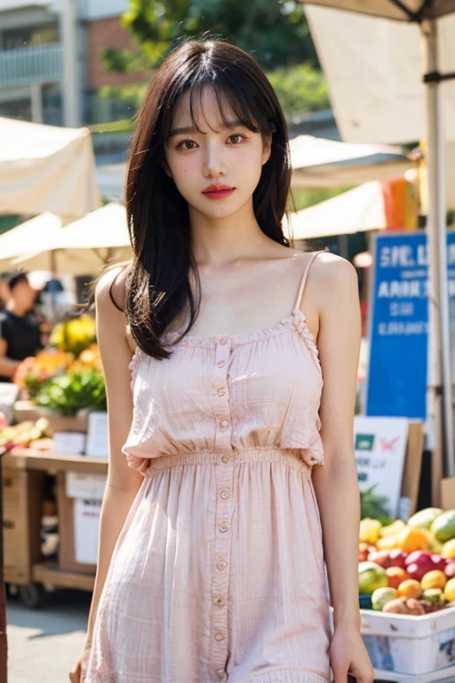 masterpiece, best quality, ultra-detailed, ultra high res, (photorealistic:1.4), raw photo, (realistic:0.2), 8k HDR, realistic lighting, looking at viewer, 1girl, solo, asymmetrical hair, outdoor, (traditional market:1.2), (day), bokeh, (detailed lips), (detailed pores), (detailed skin textures), (detailed face:1.2), (body:1.2), a woman in a sundress, cowboy shot, thigh gap