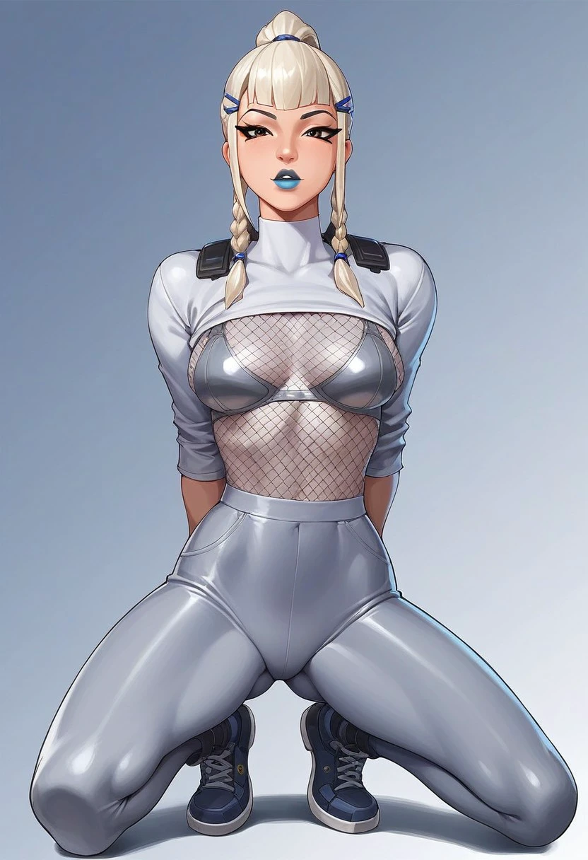 score_9,score_8_up,score_7_up,score_6_up,source_anime, studio lighting, FastNegativeV2, outdoor, 
1girl (Mizuki_Fortnite, solo, white hair, ponytail, two braids, makeup, blue lipstick, grey latex leggings, looking at viewer, tight bra, fishnet tight shirt, perfect face, ), front view, full body, simple background, skinny, athletic