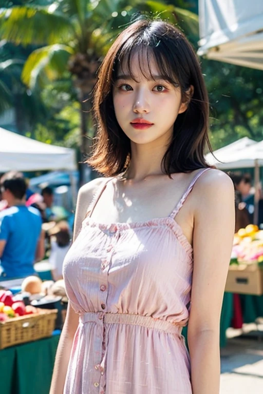 masterpiece, best quality, ultra-detailed, ultra high res, (photorealistic:1.4), raw photo, (realistic:0.2), 8k HDR, realistic lighting, looking at viewer, 1girl, solo, asymmetrical hair, outdoor, (traditional market:1.2), (day), bokeh, (detailed lips), (detailed pores), (detailed skin textures), (detailed face:1.2), (body:1.2), a woman in a sundress, cowboy shot, thigh gap