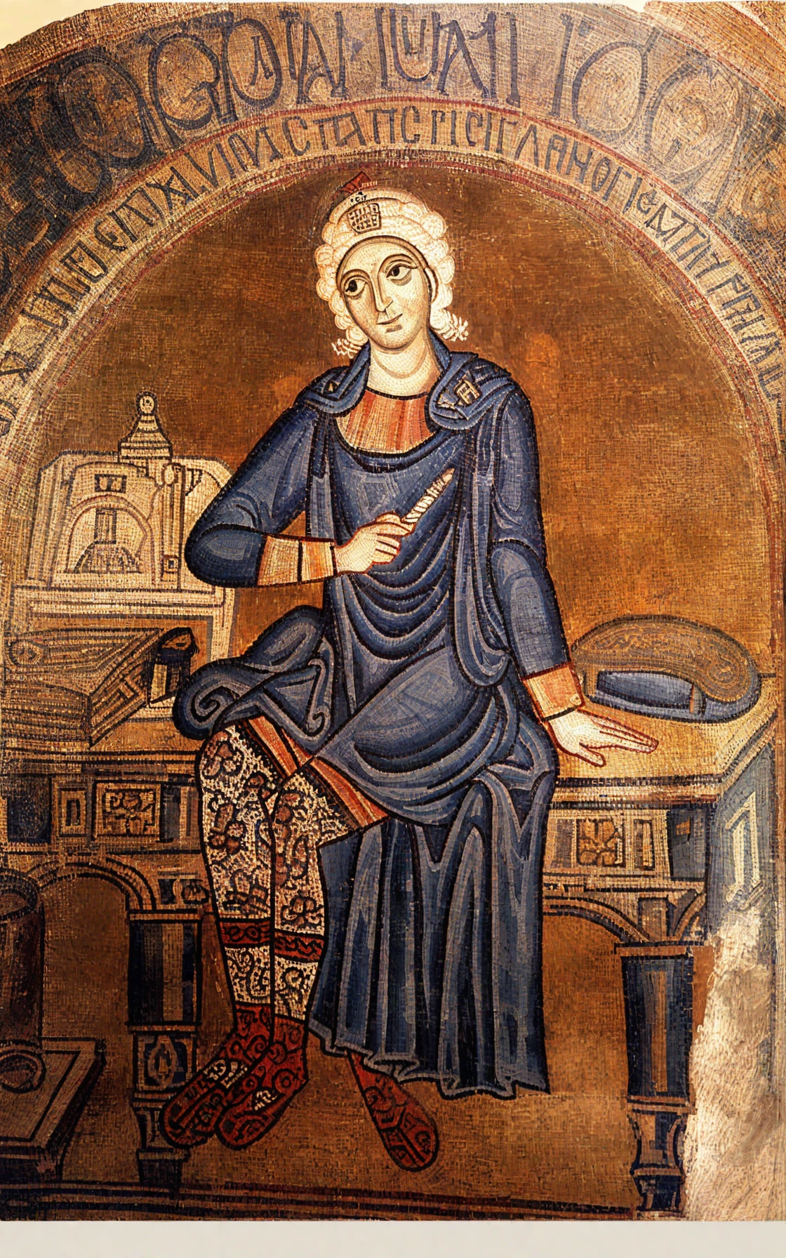 'tiles' a mosaic created in the Byzantine Empire in 1056, Byzantine, Ancient history, History,genre painting \(genre\)        middle byzantine \(style\)       <lora:byzantine_pony_v1:1>  Taking her seat at the desk, the new teacher settles with an air of quiet confidence. Her skinny figure conveying a sense of purpose and authority. Dressed in professional attireâa fitted floral blazer paired with a knee-length skirt and (subtly patterned lace stockings)âshe commands attention even as she sits at her desk. Her welcoming smile radiates warmth and approachability, inviting students to engage with her. With her slender frame, she exudes a subtle yet undeniable protruding feminine presence, earning admiration from those around her., score_9, score_6_up, score_7_up