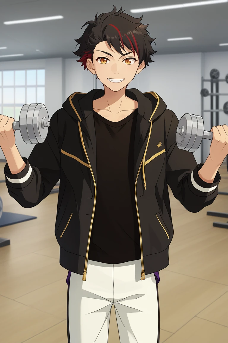 score_9, score_8_up, score_7_up, score_6_up, masterpiece, best quality, amazing quality, best aesthetic, absurdres, intricate details,
tetora nagumo, multicolored hair, black hair, yellow eyes, black jacket, black shirt, 1boy, male focus, red hair, smile, dumbbell, jacket, streaked hair, solo, shirt, gym, hood, white pants, grin, open jacket, pants, hooded jacket, drawstring, holding, open clothes, exercise, looking at viewer, weightlifting, indoors, hoodie<lora:EMS-456862-EMS:1.000000>