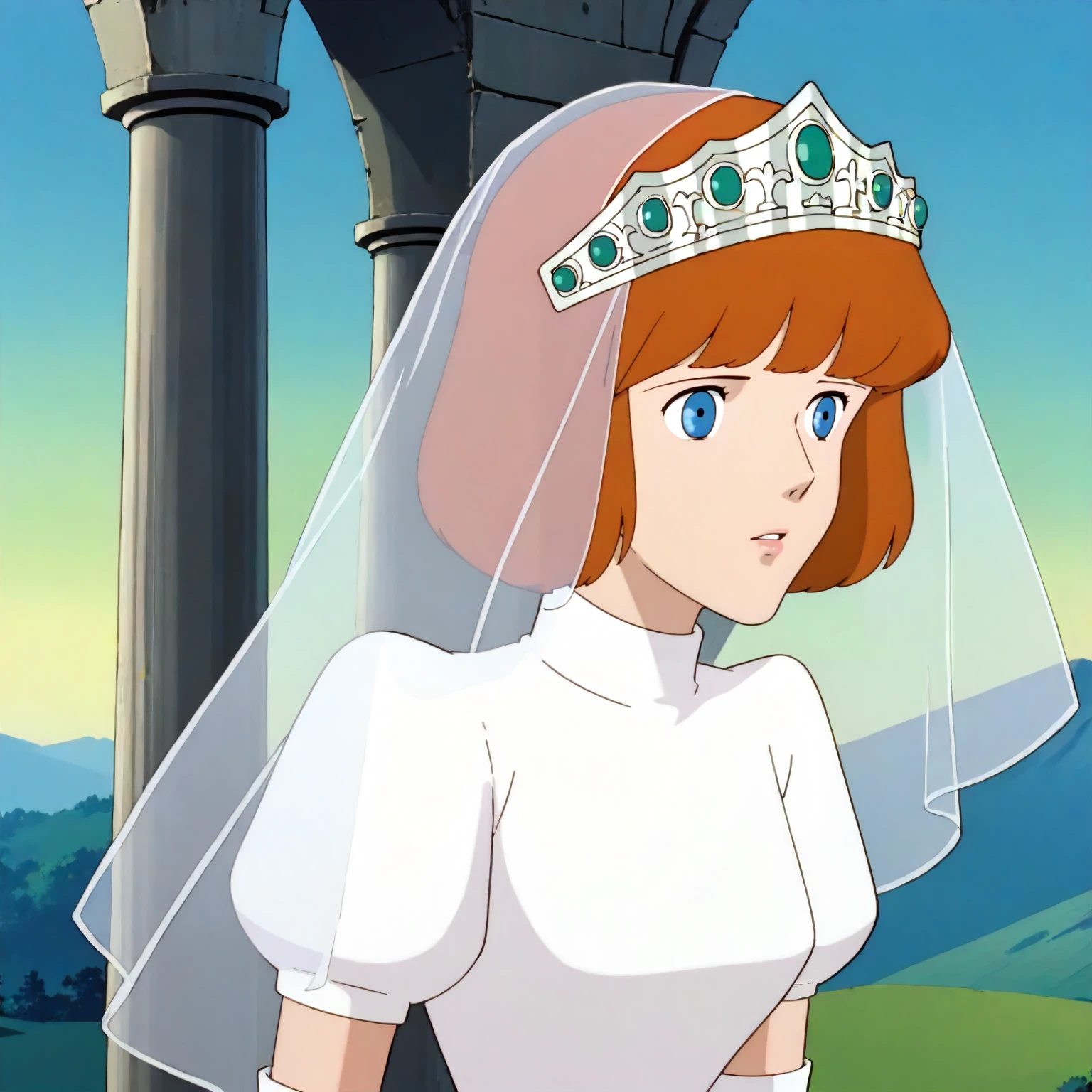 <lora:TCoC_ClarisseXLpony002>,
outdoors,sky,
solo,
parted lips,
Clarisse,1girl,orange hair,blue eyes,bob_cut,
tiara,veil,
white dress,turtleneck,short_sleeves,
elbow gloves,