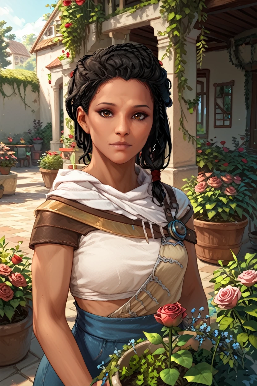 score_9, score_8_up, score_7_up, score_6_up
 <lora:ACAya:1>
ACAya, 1girl, black hair, brown eyes, dark skin, looking at viewer, rose garden, gardening, floral background