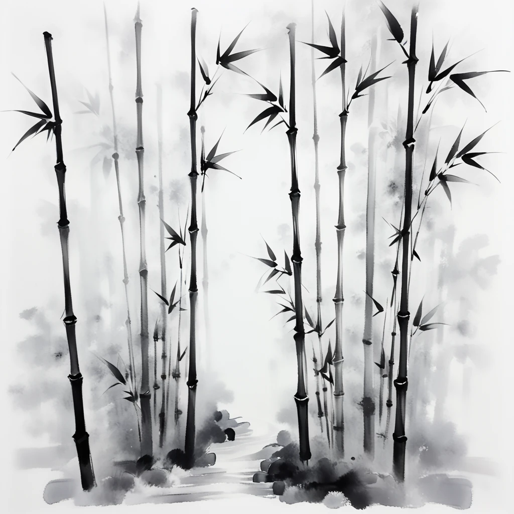 <lora:Zen_Ink_Wash_Sumi-eSDXL:1> ArsMJStyle, Zen Ink Wash Sumi-e, A bamboo grove with tall, slender stalks, monochrome, greyscale, white background, tranquil, no humans, traditional media, ink, solo, nature.