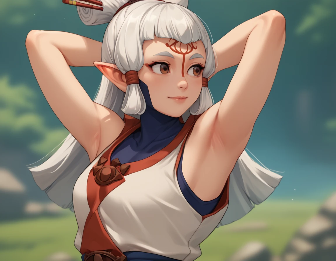 <lora:Paya (Zelda):1>, paya (zelda), sheikah, 1girl, sleeveless, hands behind head, looking away, depth of field, armpits, smile, score_9, score_8_up, score_7_up, source_anime,