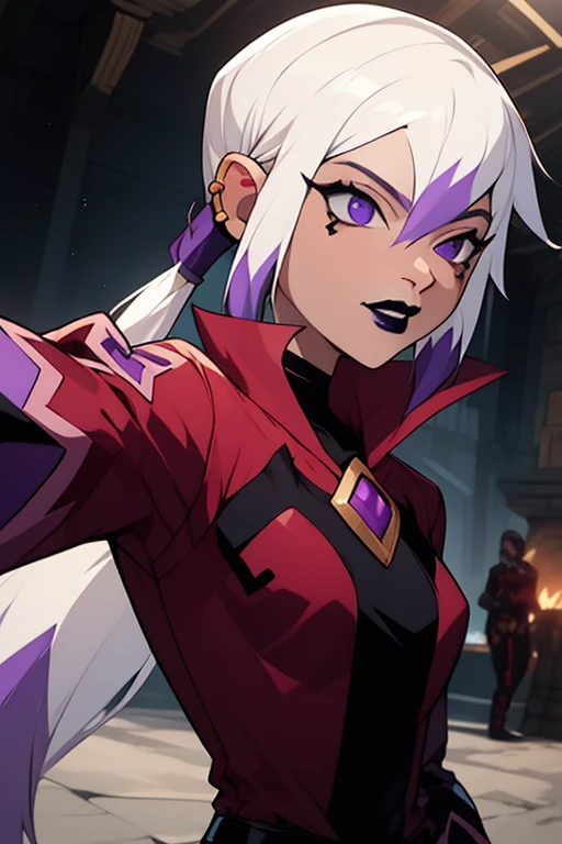 <lora:charm-06:1>charmcaster, white hair, ponytail, black lipstick, purple clothes, action scene, action pose, masterpiece, best quality, detailed shading, detailed ambient light, detailed background, masterpiece,