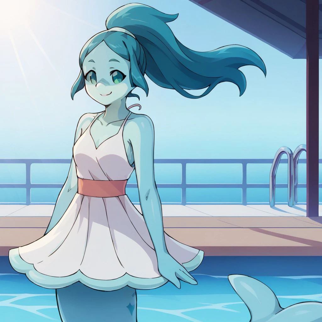 score_9, score_8_up, score_7, BREAK, nina_flip, ponytail, long hair, dress, blue skin, monster girl, mermaid, pool, smile. sunlight, natural lighting