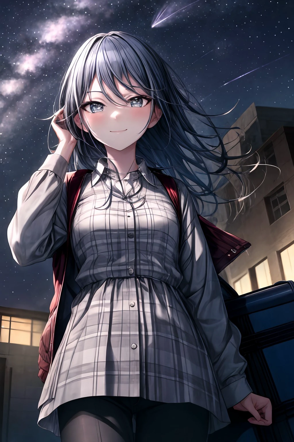 (masterpiece), best quality, expressive eyes, perfect face, h_ichika, looking at viewer, smile, shirt, long sleeves, dress, hair between eyes, jewelry, closed mouth,  standing, jacket, white shirt, pantyhose, outdoors, open clothes, sky, solo focus, collared shirt, pants, hand up, blurry, plaid, night, floating hair, depth of field, black pants, light smile, building, star (sky), night sky, grey shirt, light particles, tsurime, starry sky, backlighting, arm at side, light blush, hand in own hair, blue theme, adjusting hair, dot nose, looking afar, plaid shirt, faceless female, gradient sky, shooting star, instrument case, guitar case, <lora:more_details:0.7>, <lora:99f9cff9-1277-4a53-bd19-47ba8cbb6821:0.7>