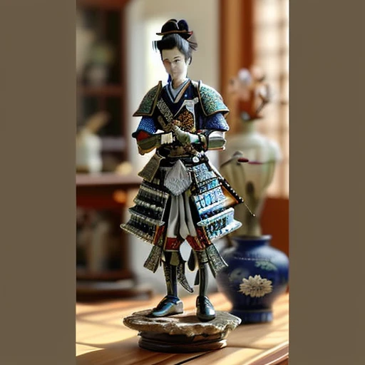 1boy, Japanese doll, full armor, standing, holding sword, indoors, on a desk, vase, flower,