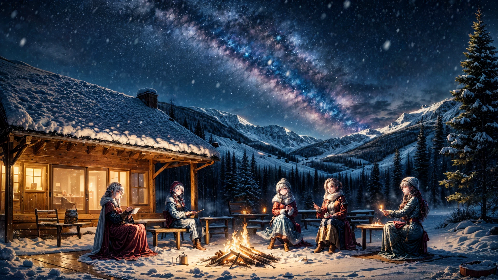 Role-playing game (RPG) style fantasy 2girls, snow, snowing, fantasy, campfire, night, stars, <lora:snowbound_1:0.7>, snowbound, very detailed, <lora:more_details:0.6>, high quality, highres, masterpiece, best quality, 8k, intricate, detailed, <lora:add_detail:0.6> . Detailed, vibrant, immersive, reminiscent of high fantasy RPG games