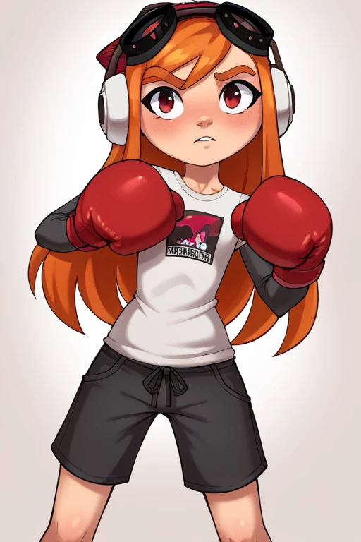 2D, score_9, score_8_up, score_7_up, BREAK, 1girl, solo, NormalMeggy, Orange Hair, red eyes, White Shirt, Grey Sleeves, Shorts, headphones, red beanie, goggles, boxing gloves<lora:EMS-457658-EMS:0.800000>