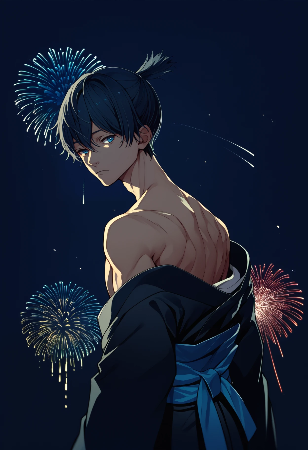 score_9, score_8_up, score_7_up, source_anime, from behind, solo, male focus, 1boy, hayakawa aki, expressionless, looking back, black hair, topknot, blue eyes, japanese clothes, black kimono, off shoulder, blue sash, bare shoulders, fireworks
<segment:yolo-face_yolov8m.pt,0.35,0.5>