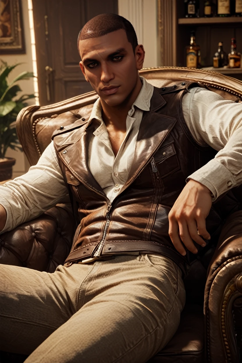 score_9, score_8_up, score_7_up, score_6_up
<lora:ACBayek:1.0>
ACBayek, 1boy, brown hair, brown eyes, buzz cut, looking at viewer, reclining in a classic leather armchair, with a glass of whiskey in hand