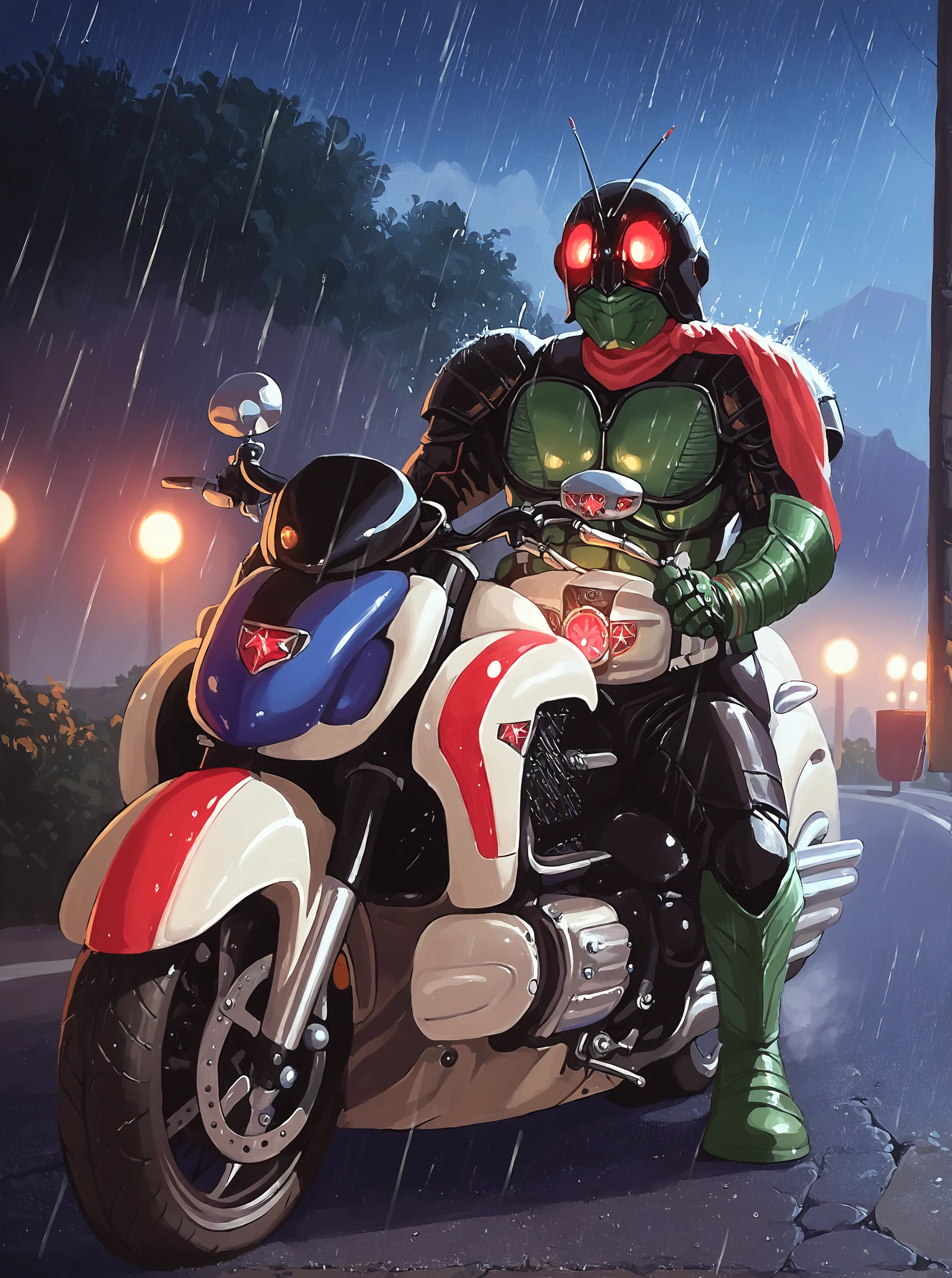 score_9, score_8_up, score_7_up, masterpiece, <lora:sn0wStyle:1> <lora:HKHorrorXL:1>, source_realistic, kamen rider, motorcycle, motor vehicle, ground vehicle, male focus, antennae, scarf, belt, armor, outdoor, road, rock<lora:kamen_rider_ichigo_power_up_2016:1> night, rain, glowing eyes, fog,