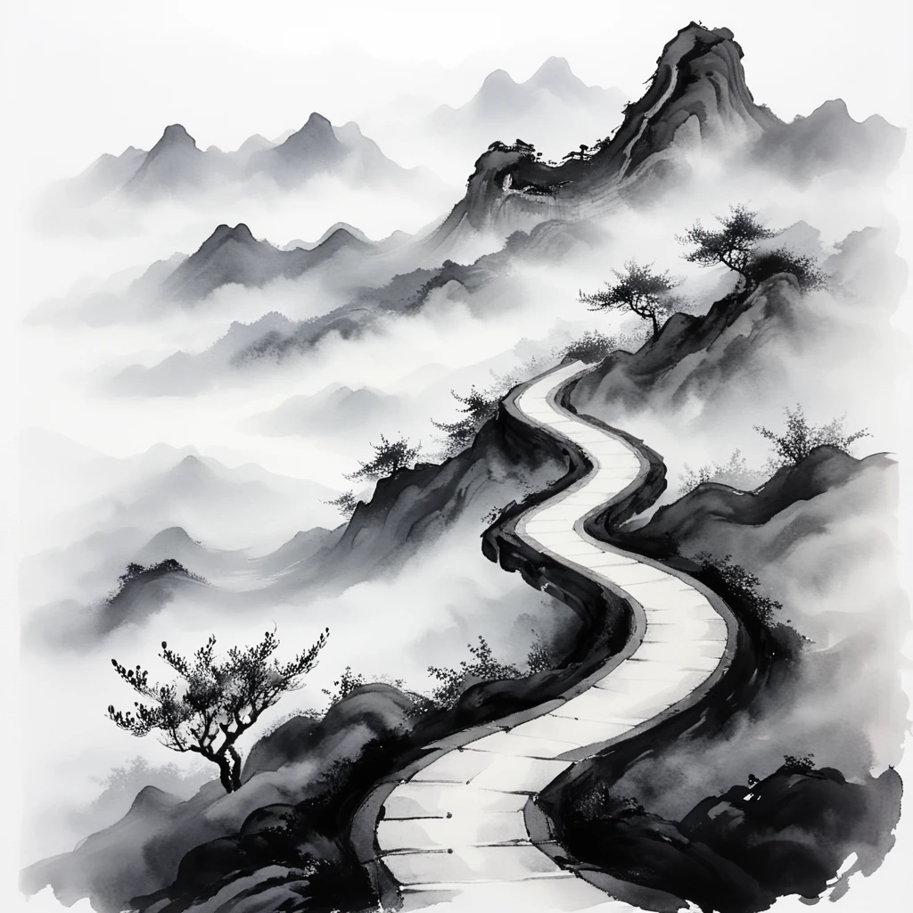 <lora:Zen_Ink_Wash_Sumi-eSDXL:1> ArsMJStyle, Zen Ink Wash Sumi-e, A winding mountain path with mist rolling in, monochrome, greyscale, white background, serene, no humans, traditional media, ink, solo, landscape.