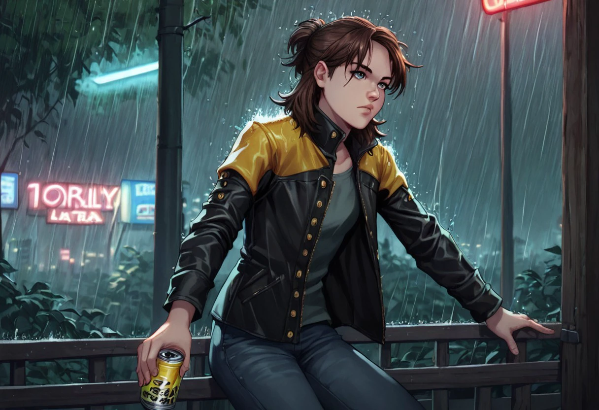 anime coloring, score_9, score_8_up, score_7_up, multicolored eyes, gray eyes, Arya-stark,  brown hair, solo, pants, open jacket, black jacket, lips, night, denim, rain, can, leather, bioluminescent, yellow leather jacket, biopunk, living wood, forest, city, vending machine, neon lights, general