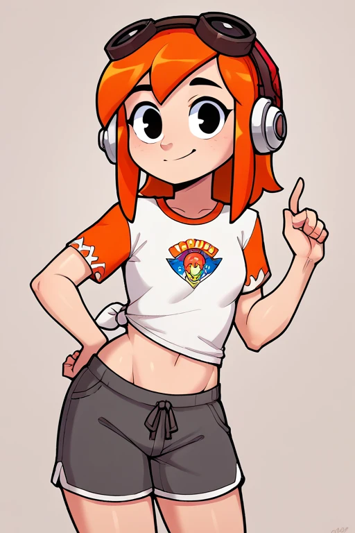 2D, score_9, score_8_up, score_7_up, BREAK, 1girl, solo, VacationMeggy, Orange Hair, Black Eyes, White Shirt, Orange Sleeves, Croptop, Shorts, headphones, red beanie, goggles<lora:EMS-457658-EMS:0.800000>