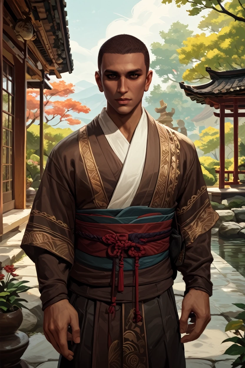 score_9, score_8_up, score_7_up, score_6_up
<lora:ACBayek:1.0>
ACBayek, 1boy, brown hair, brown eyes, buzz cut, looking at viewer, dressed in a kimono, standing gracefully in a serene Japanese garden