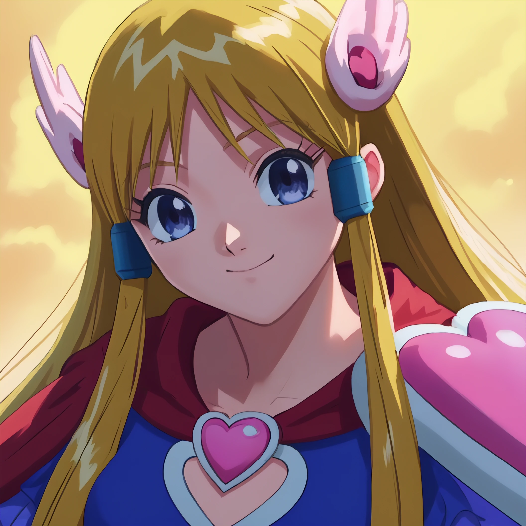 score_9, score_8_up, score_7_up, source_anime, pose, 2020s anime screenshot, hd, detailed shading, promo art,  solo,  denbo,  magical girl, blonde, closed-mouth smile, head raised,
1girl, solo,  high quality, magical girl, blonde hair, red cape, blue tube top,  hair accessories, blonde hair, blue eyes, headshot, head and shoulders, (close up on face:1.1)
 masterpiece, best quality, pretty, cute, detailed, flowing hair