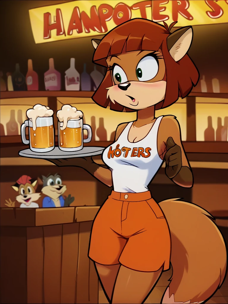 score_9, score_8_up, score_7_up, score_6_up, score_5_up, score_4_up, source_furry, jane_tloti, fox tail, white tank top, orange shorts, hooters, holding tray, serving tray, cup, mug, beer, table, chair, crowd, detailed eyes, detailed face, (retro artstyle, 1990s \(style\), flat color, toon \(style\)), <lora:janetloti-v1:1>