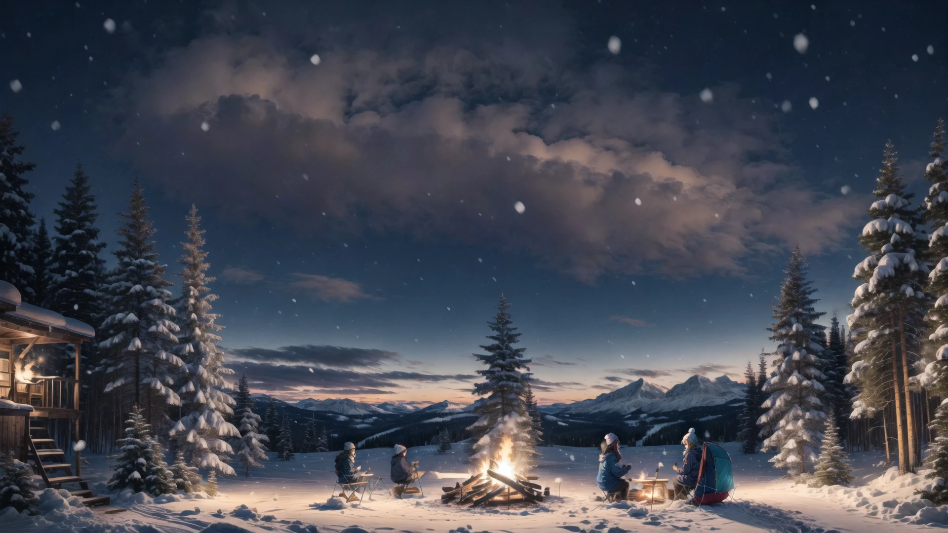 anime artwork 2girls, camping, campfire, tent, snow, snowing, night, winter clothes, wilderness, nature, <lora:snowbound:0.8>, snowbound, high quality, highres, masterpiece, best quality, 8k, intricate, detailed, <lora:add_detail:0.6> . anime style, key visual, vibrant, studio anime,  highly detailed