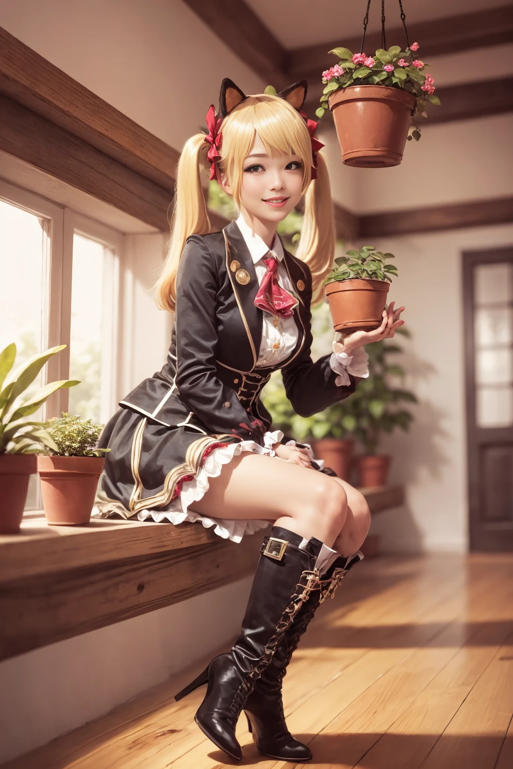 cinematic film still, brown eyes, hhigh heel boots, school uniform, blonde hair, 1girl, animal ears, looking at viewer, boots, twintails, cowboy shot,  looking at viewer, smile,   <lora:Caroline_Free_Fire:0.8>, Greenery and Indoor Plants: Lush greenery and carefully placed indoor plants add a touch of freshness and serenity to the cafe's interior. Potted plants line the windowsills, and hanging baskets dangle from the ceiling, creating a natural and calming environment.
shallow depth of field, vignette, highly detailed, high budget,  cinemascope, moody, epic, gorgeous