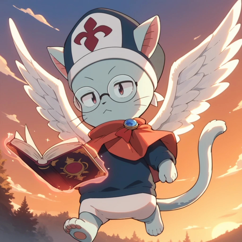 Score_9, Score_8_up,Score_7_up,Score_6_up,Score_5_up,Score_4_up,<lora:samuel-v1:1> ftsamuel, cat man, red cape, glasses, hat, angel wings, sweater, white shorts, sunset, holding book, open book, magic book, flying, sky