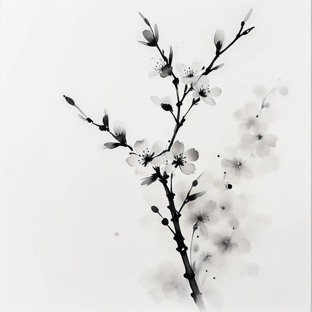 <lora:Zen_Ink_Wash_Sumi-eSDXL:1> ArsMJStyle, Zen Ink Wash Sumi-e, A delicate cherry blossom branch with flowers, monochrome, greyscale, minimalistic, white background, no humans, nature, traditional media, ink, solo, botanical.