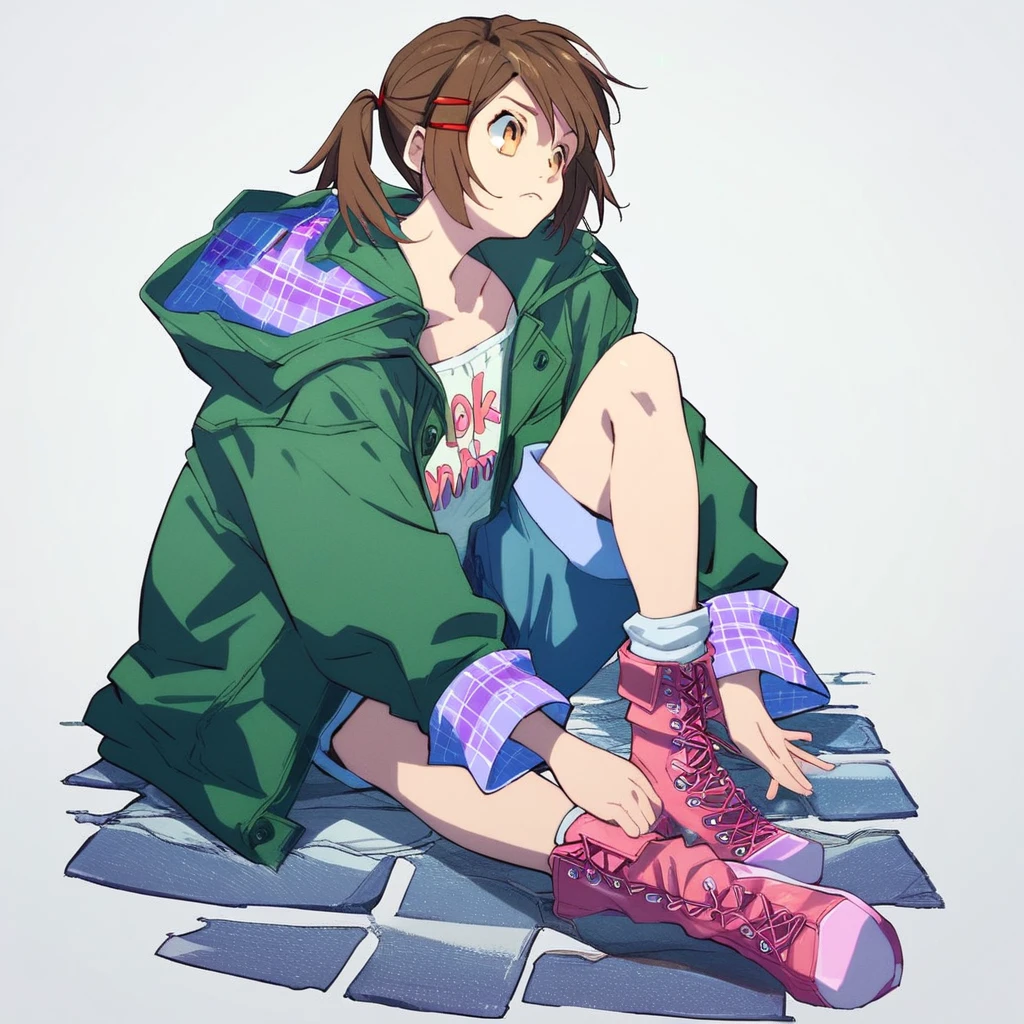 score_8, score_8_up, score_7_up, score_6_up, source_anime, BREAK, 1girl, solo, female focus,, Misa_GB, flat chest,  brown hair, asymmetrical hair, hair ornament, hair clip, short twintails, green jacket, hooded jacket, open jacket, blue plaid hood, orange shirt, text print, clothes writing, collarbone, low-cut shirt, blue plaid sleeve cuffs, short shorts, denim shorts, ankle socks, white socks, ankle boots, pink footwear, full body, simple background, white background