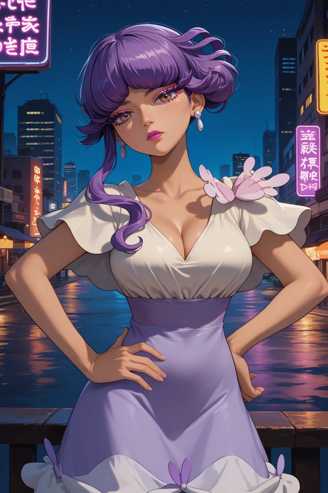 score_9, score_8_up, score_7_up, score_6_up, source_anime, 1girl, solo, <lora:pkmntulip-pdxl-nvwls-v1-000005:1> pmTlp, dark-skinned female, purple hair, wavy hair, medium hair, eyelashes, earrings, lipstick, cleavage, multicolored dress, purple dress, short sleeves, big breasts, looking at you, hand on hip, night sky, city, bored, neon signs